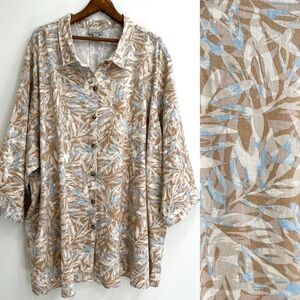 Catherine’s linen button front top 3/4 length sleeves tan blue leaf print 6X